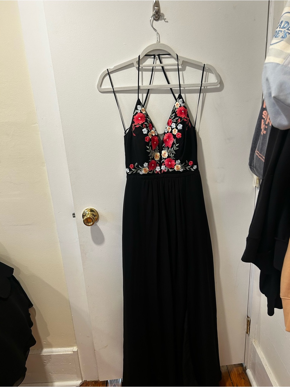 Black Floral Embroidered Halter Maxi Dress